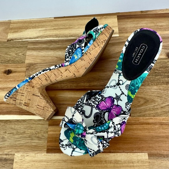 Coach Karen Floral Butterfly Chain Print Cork Heel Bow Slides Sandals Womens 9.5 - Picture 9 of 9